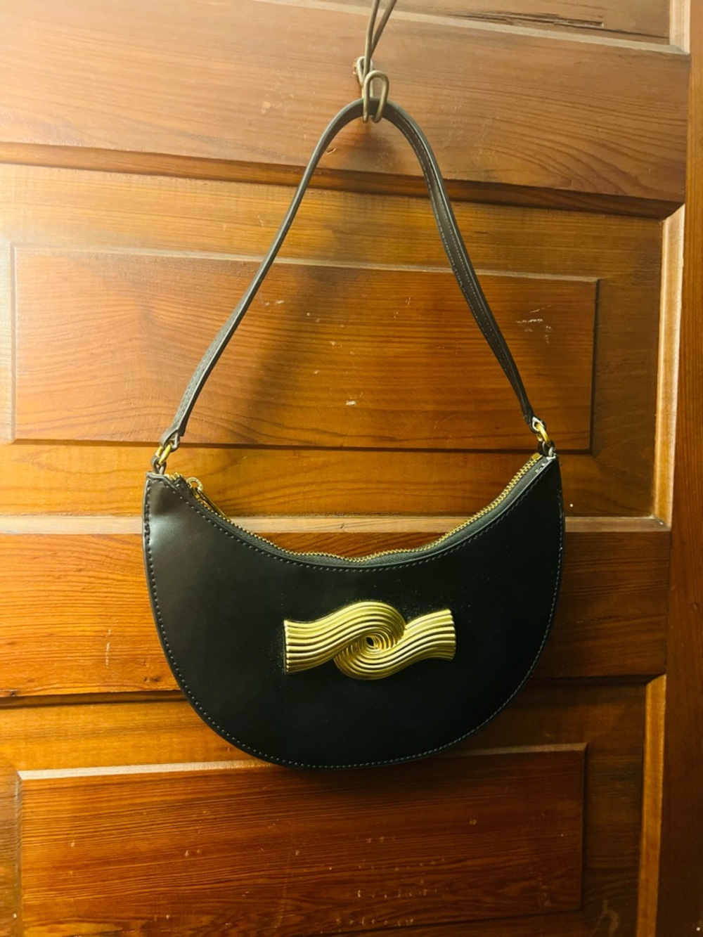 Zara Black Crescent Bag with Gold Sculptural Accent
